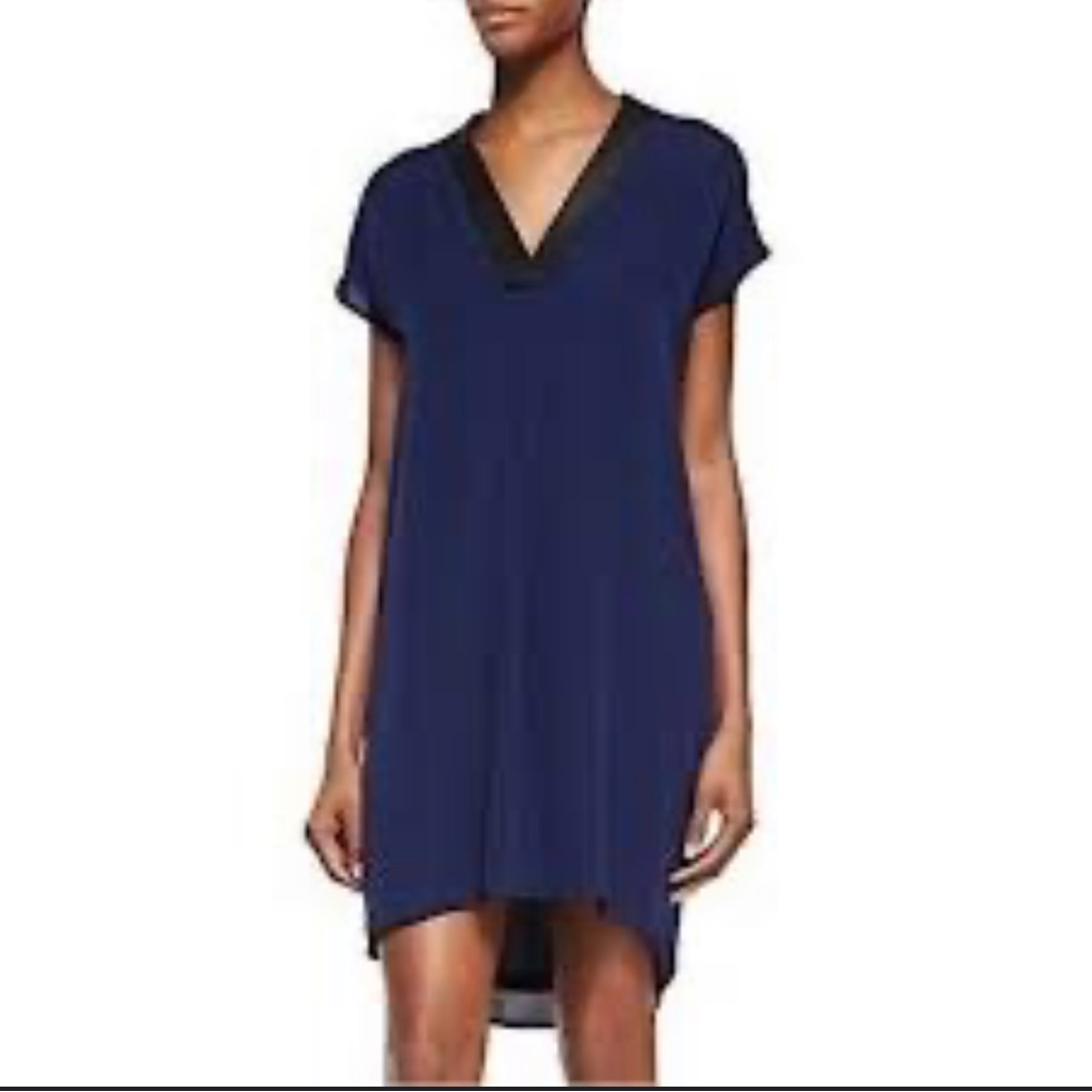 Vince Silk & Lamb Leather Trimmed Navy Dress